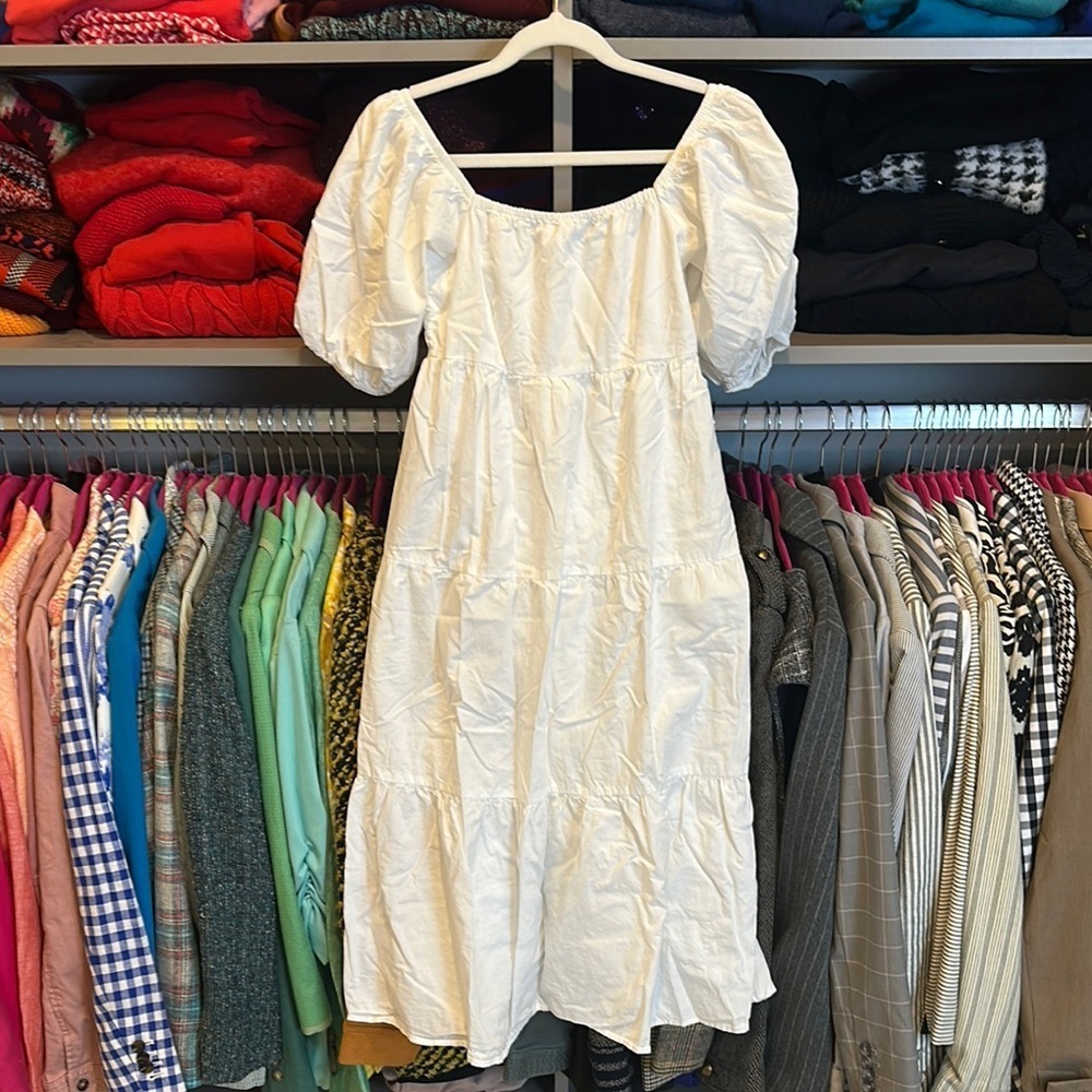 Sim & Sam white back smocked shirt puff sleeve tiered dress size XS